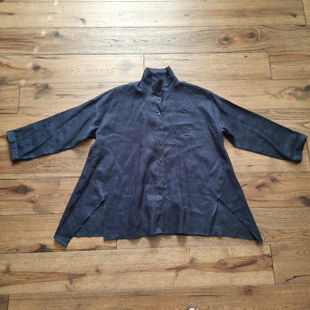 Stella Carakasi Laganlook High Collar Button Front Hemp Linen Tunic Top